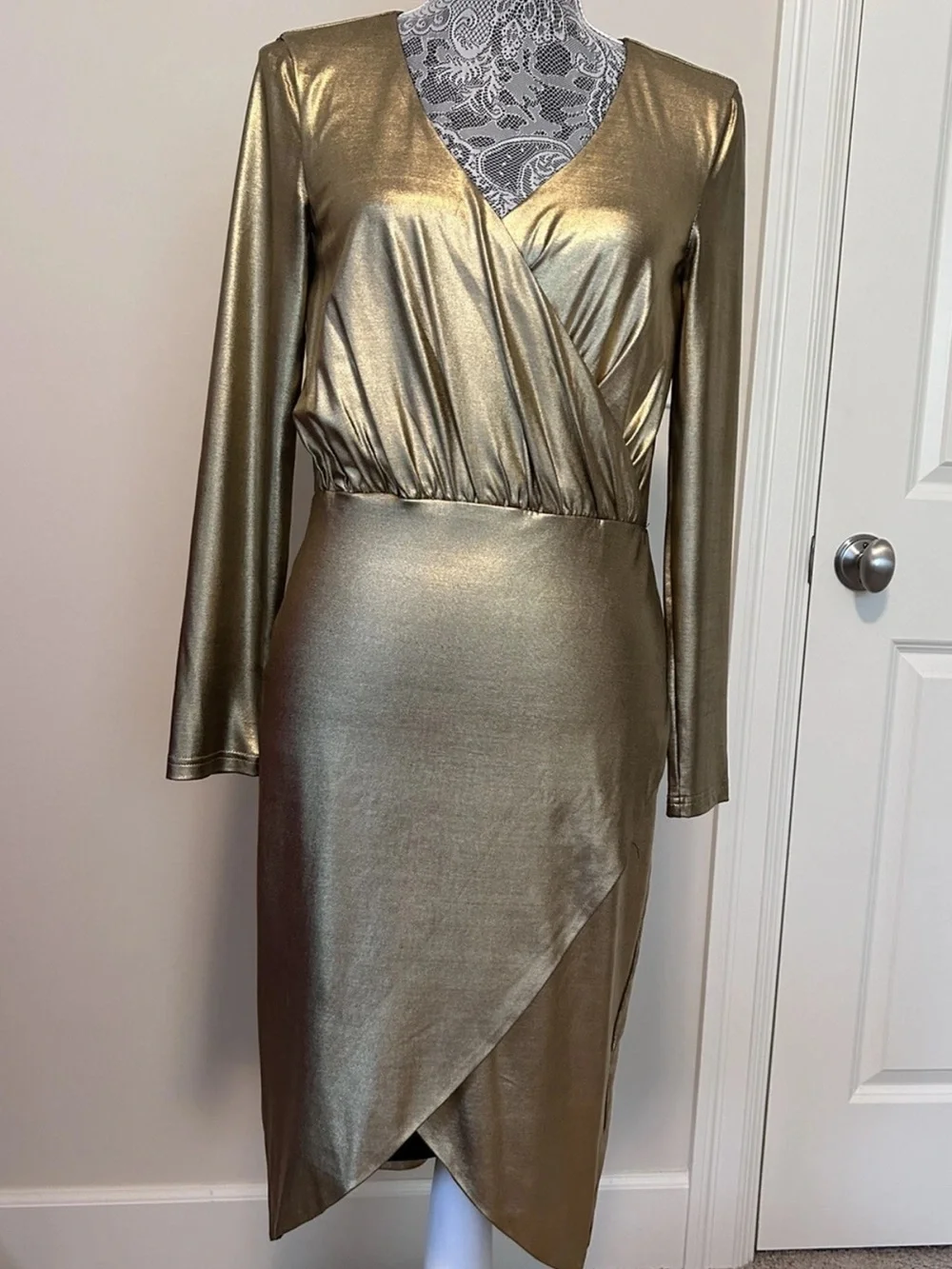 bebe Metallic Gold Wrap-Front Long Sleeve Midi Dress - Picture 5 of 9